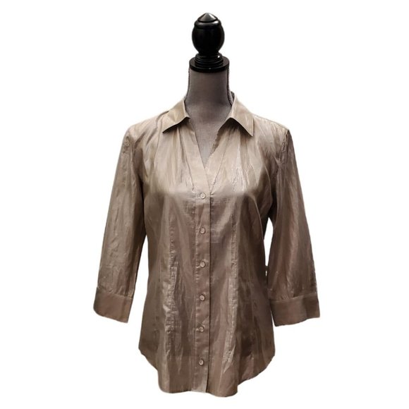 Chicos LS V-Neck Button Up Blouse | NWT | 1 (Small) | Silver Metallic - Picture 1 of 16